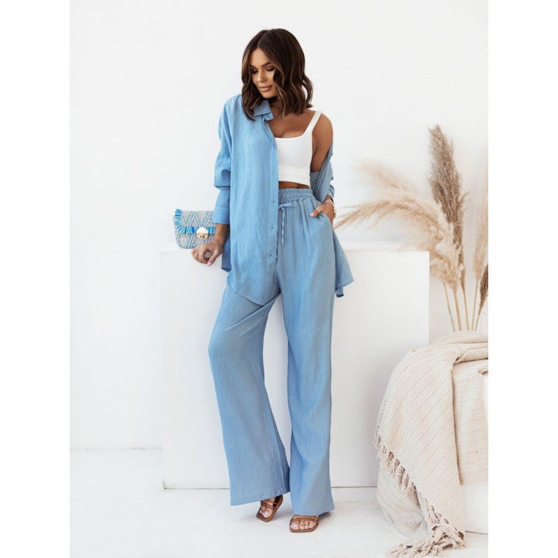 Relaxed and Comfortable: Long-Sleeved Wrinkle Shirt with Wide-Leg Pants Casual Suit