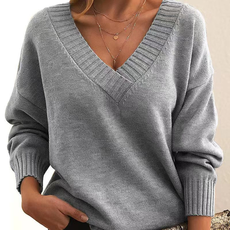 New Knitted Loose V-neck Pullover Top for Women