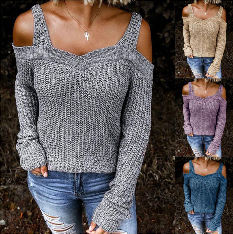 Women's Sexy Off-the-shoulder Strap Knitwear Solid Color Casual Long Sleeves Sweater