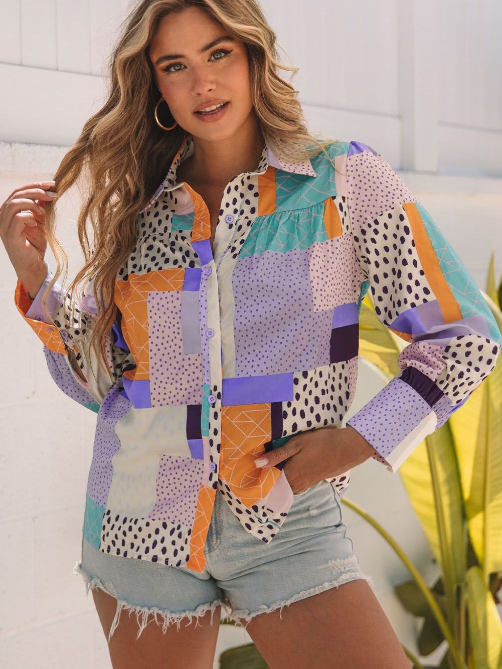 Women's Clothing Polychromatic Mixture Printed Front Button Cuffed Sleeve Shirt