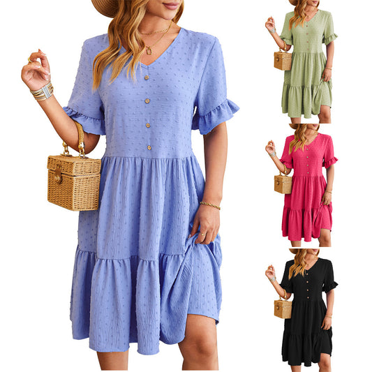 Summer Casual Fashion Short-Sleeved Dress with New V-Neck Ruffle