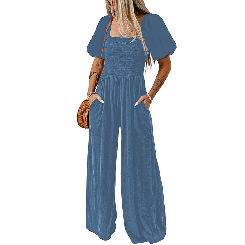 Women's Short Sleeve Jumpsuit with Square Collar