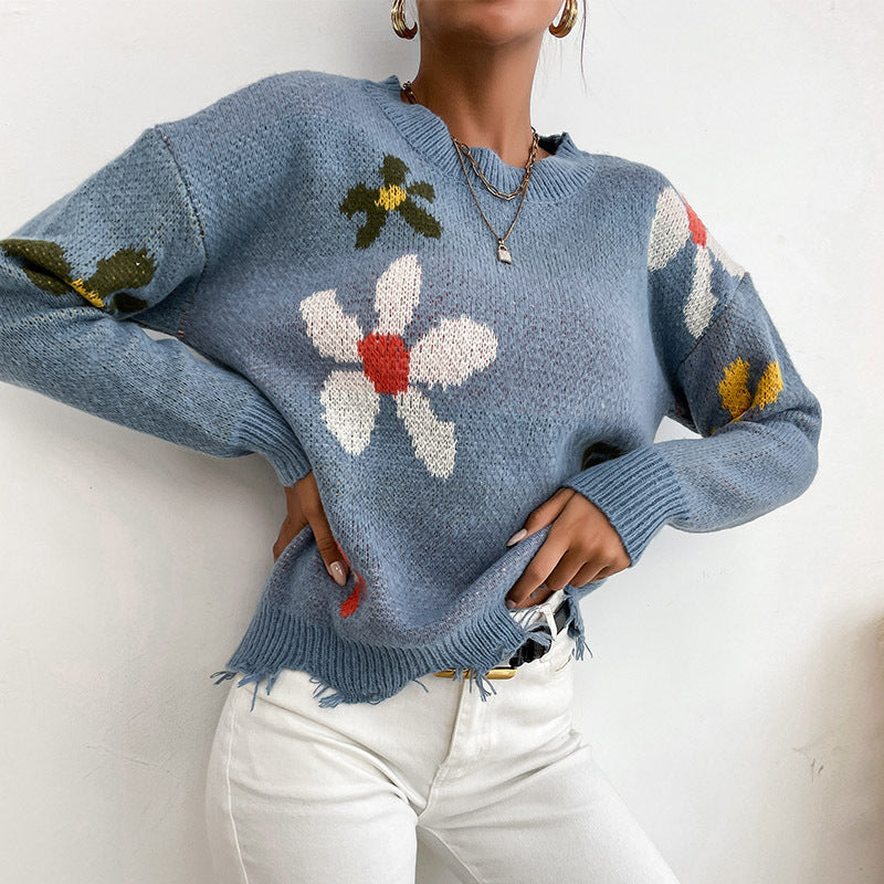 Knitted Blue Hedging Flower Brocade Sweater