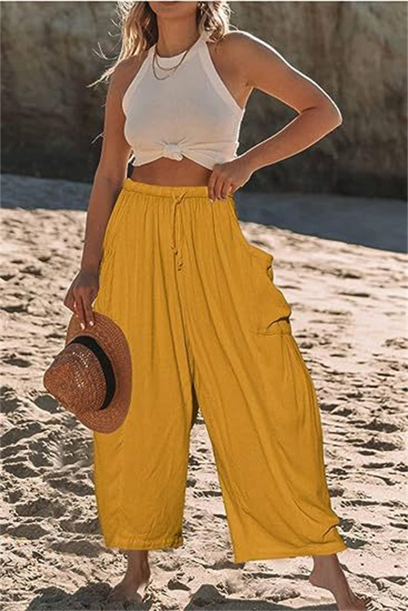 Summer Fashion Women's Solid Color Wide Leg Pants: Loose Elastic High Waist Pleated Trousers