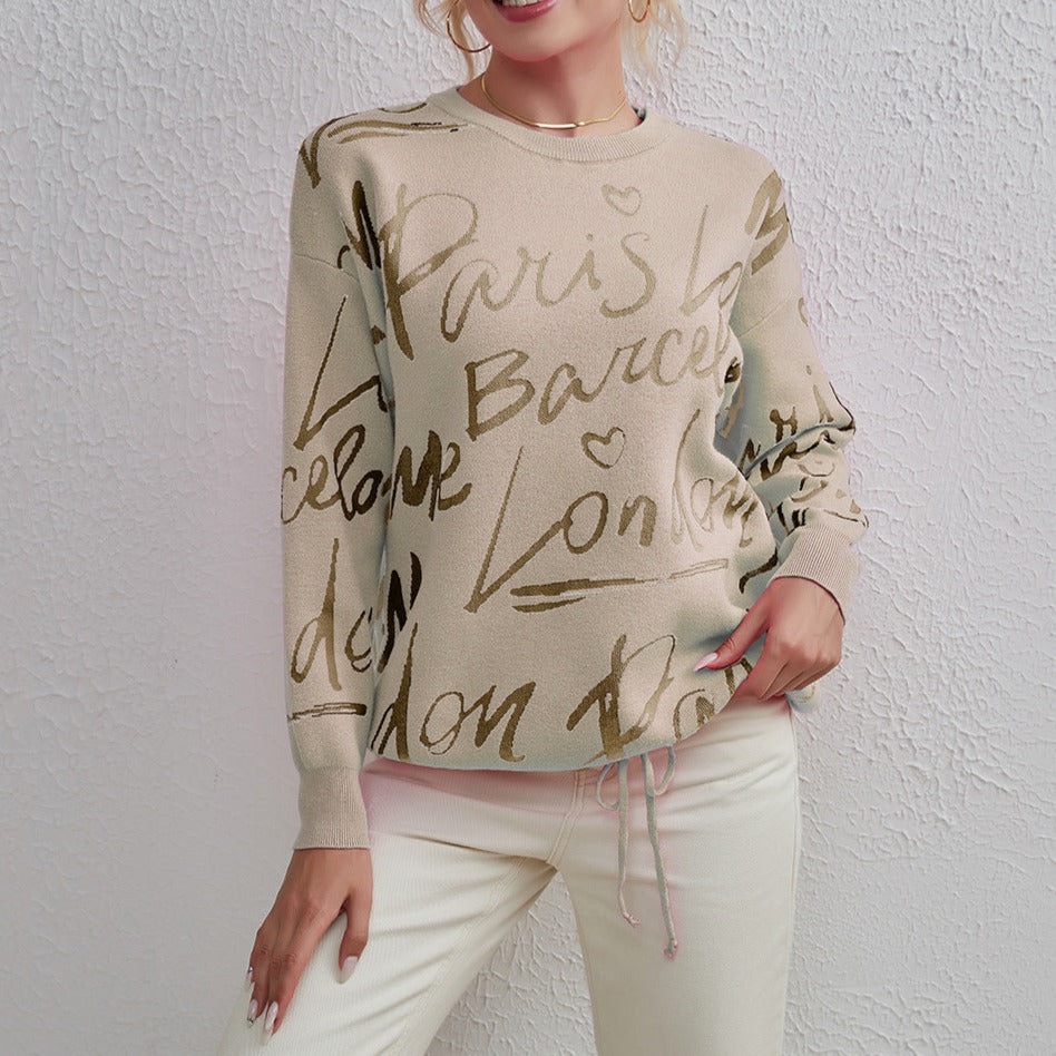 Knitted Sweater with Street-Style Letters for Women