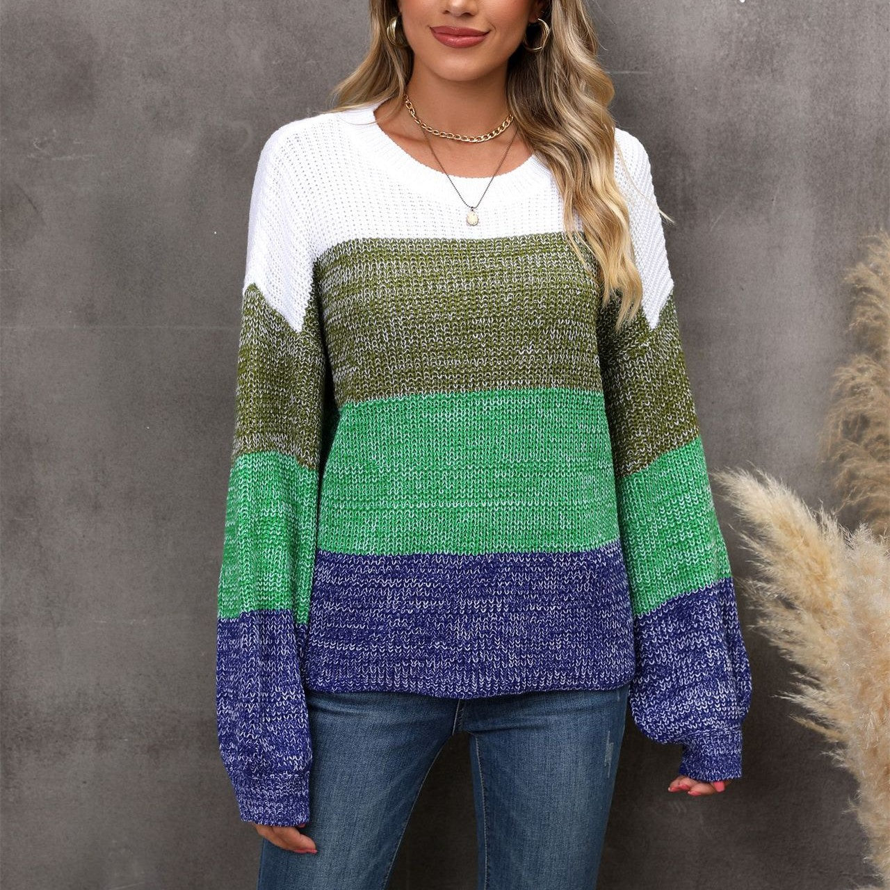 Large Size Loose Pullover Sweater with Stitching Contrast Color