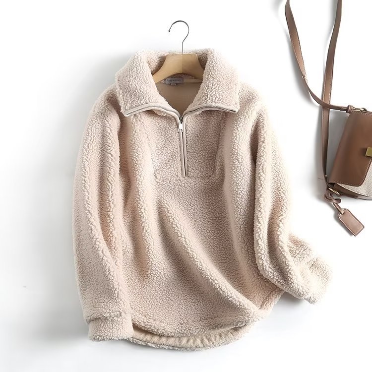 Women's Loose-Fit Casual Sweatshirt Coat with Zipper Collar and Lamb Wool Fabric