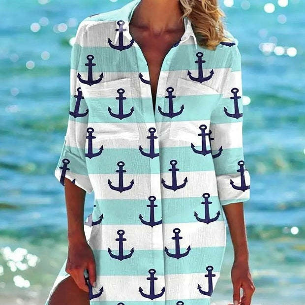 Vacation Beach Printed Shirt Bikini Cover-Up for Women