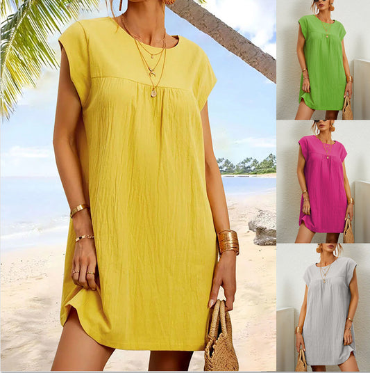 Summer Sleeveless Sleeve Round Neck Solid Color Cotton And Linen Dress