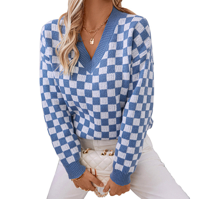 V-Neck Loose Pullover Sweater with Chessboard Plaid and Color Block Design