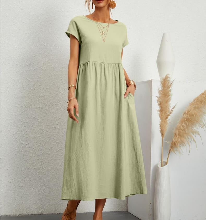 Women Solid color sleeveless loose pocket cotton linen dress