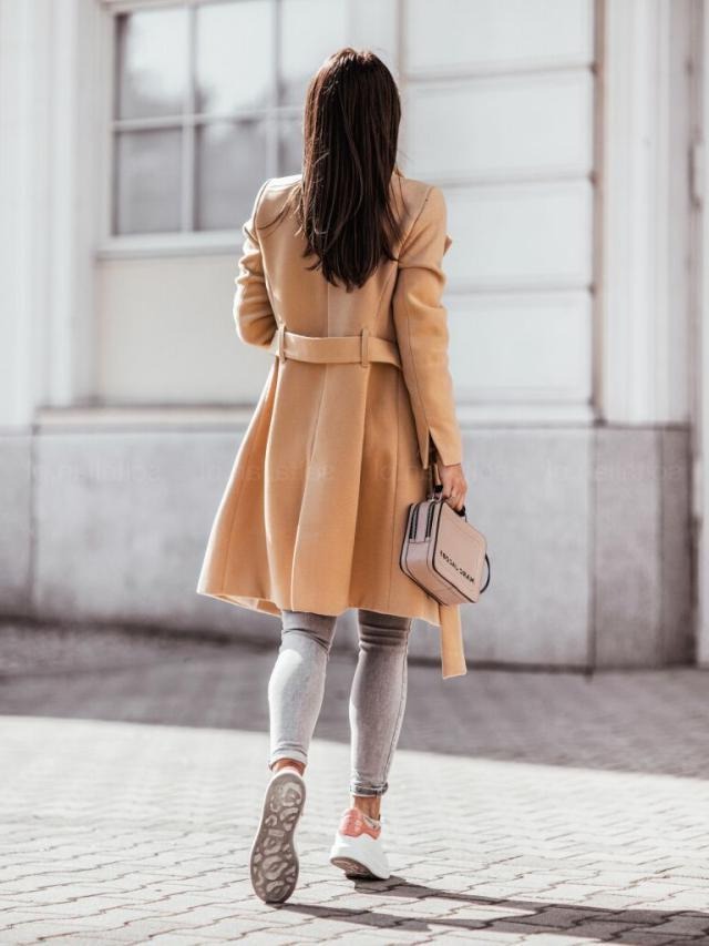 women's woolen coat with solid color straps, medium length woolen coat