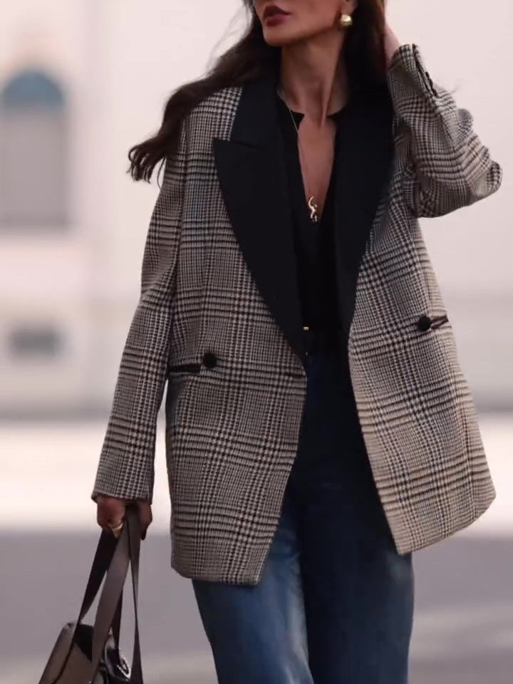 Casual Plaid Contrast Blazer for Commuting