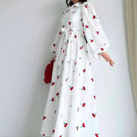 Fruit Printed Long Sleeve Waist-tight Middle East Dress