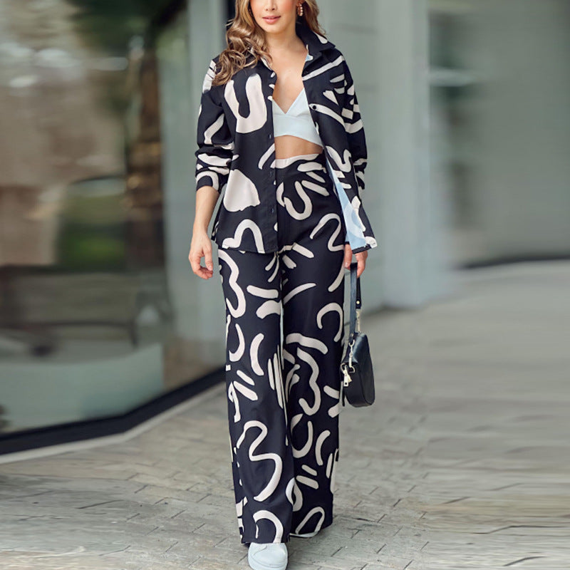 Fashion Suit with Long Sleeve Printed Shirt and High Waist Trousers