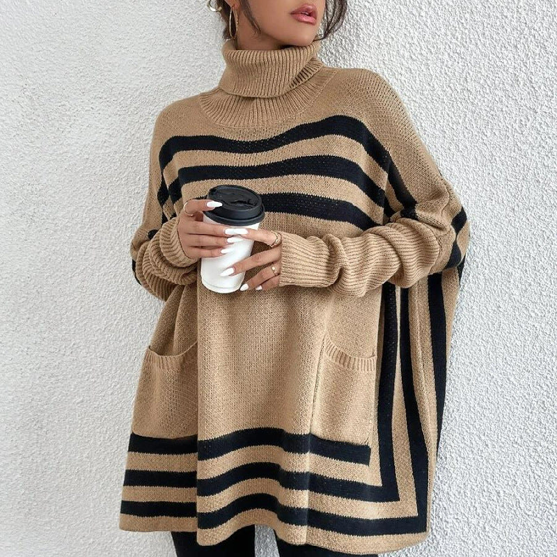 Striped Bat Sleeve Cape Shawl Sweater for Women with High Neck
