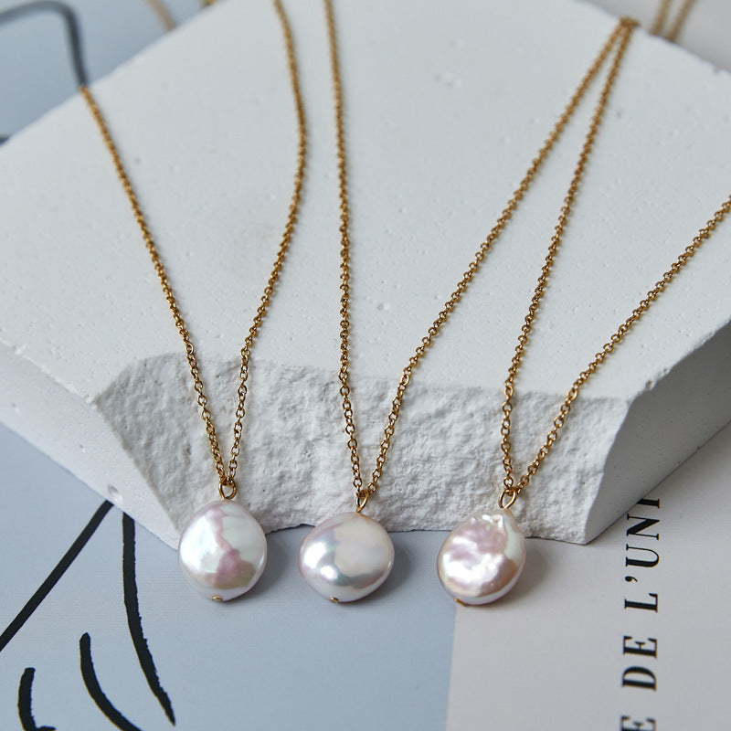 Freshwater Pearl Flat Round Peace Buckle Necklace