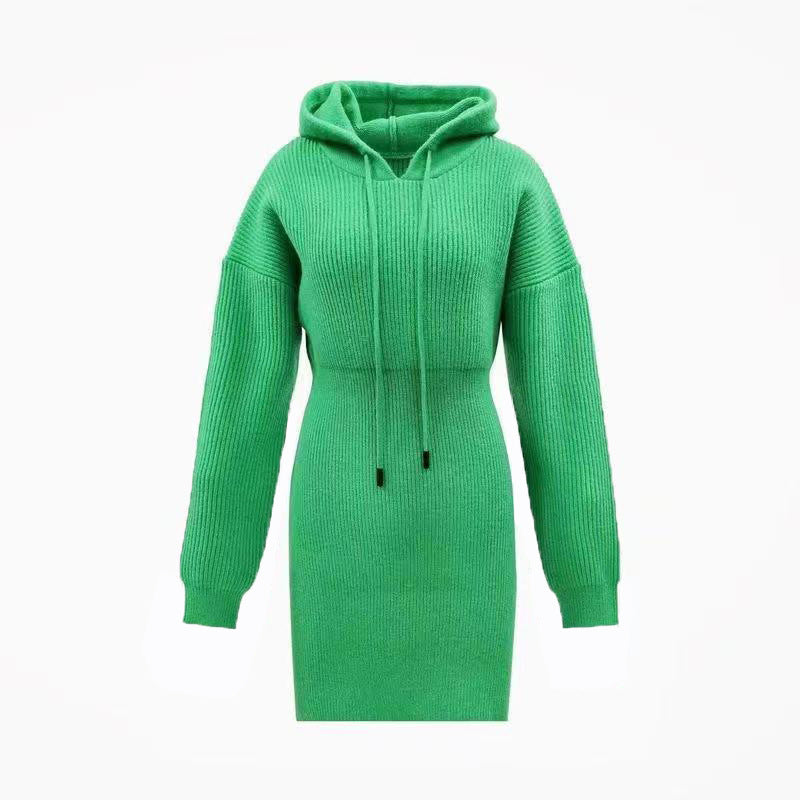 Polyester Casual Dress Solid Color Mid-length Hooded Cinched Waist Pullover Knitted Hip Skirt