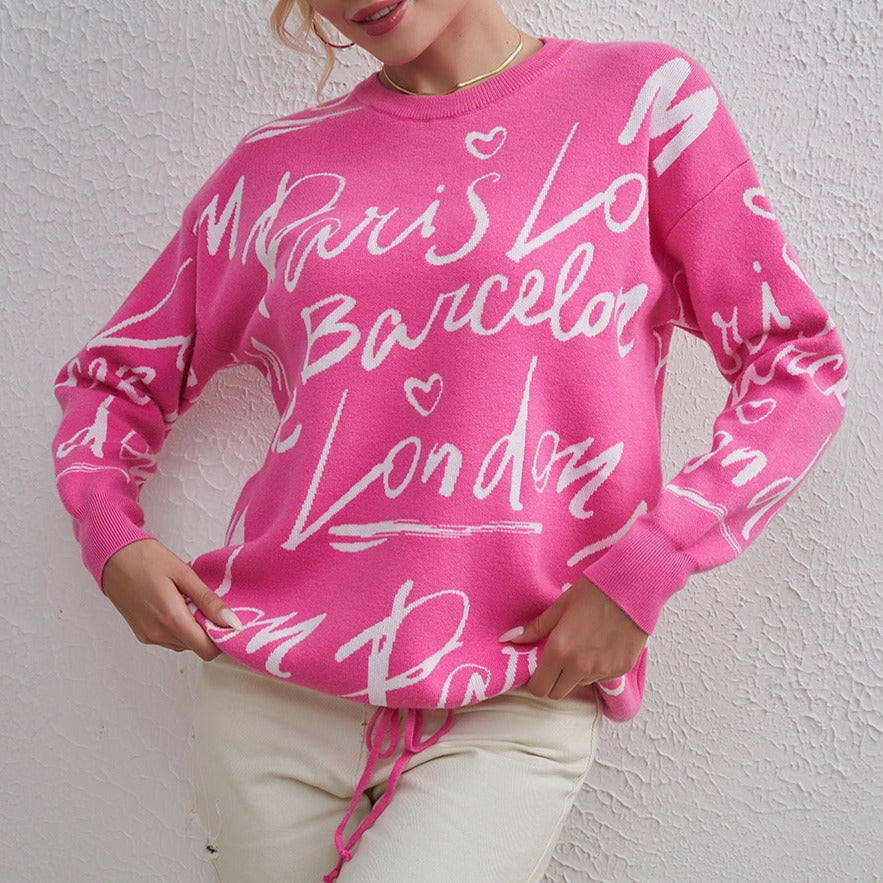 Knitted Sweater with Street-Style Letters for Women