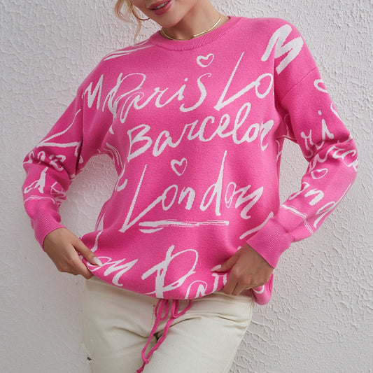 Knitted Sweater with Street-Style Letters for Women