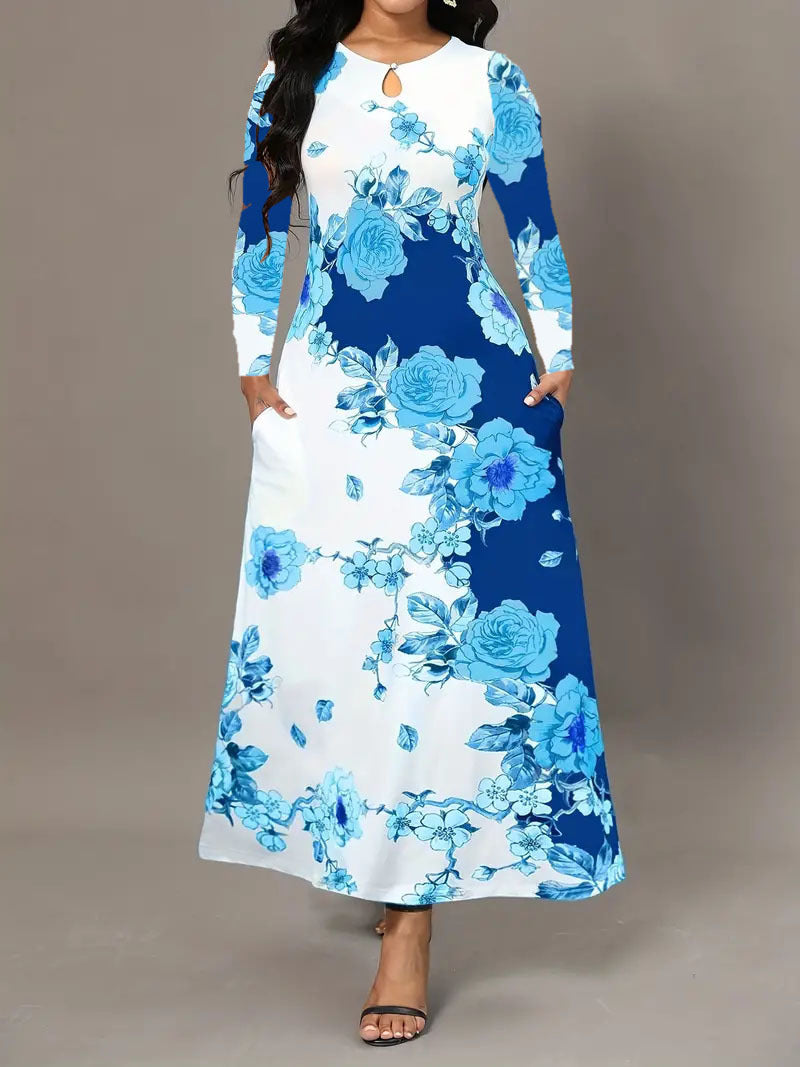 Round Neck Long Sleeve Dress with Printed Pocket and Waist-Controlled Large Hem