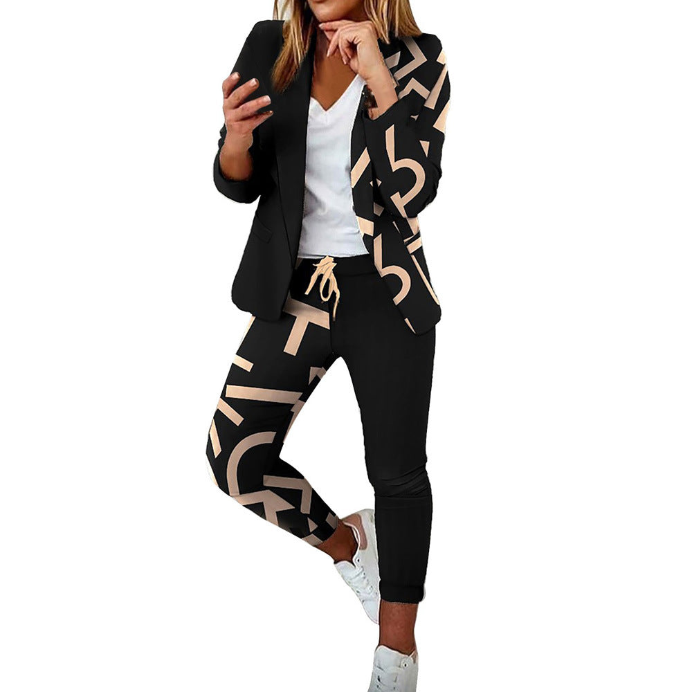 Women's Fashionable Printed Long-sleeved Lapel Casual Suit