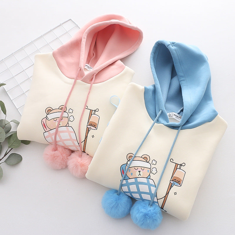 Women's Cartoon Printed Color Matching Fleece Thickened Sweater