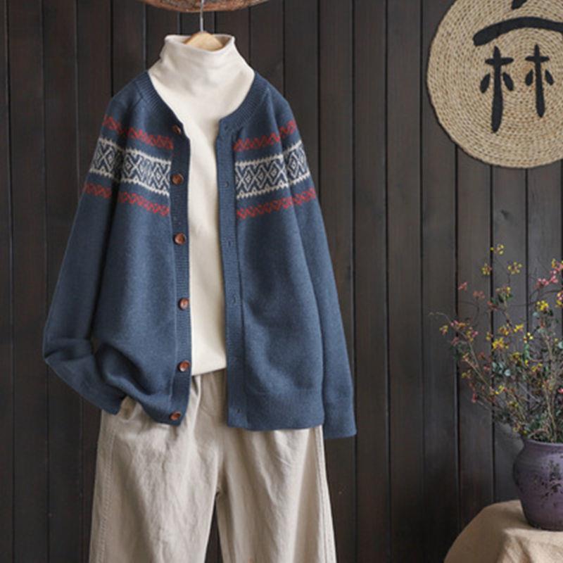 Spring and Autumn Loose Knit Brocade Cardigan Sweater