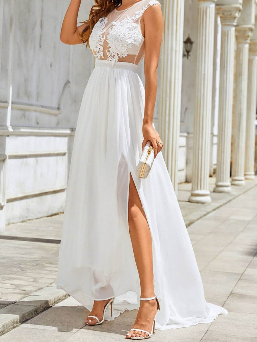 Chiffon Lace Trailing Wedding Gown Elegant Look