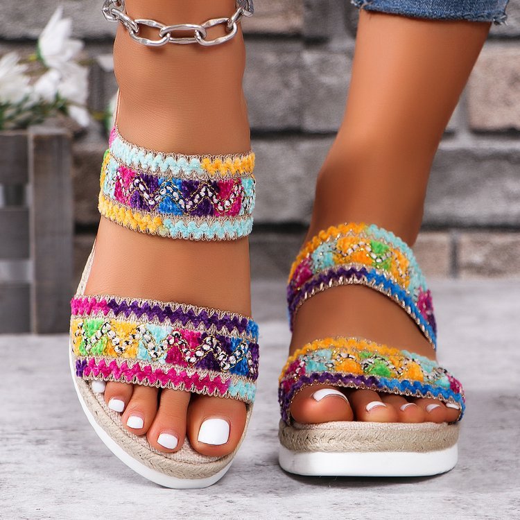Ethnic Style Woven Sandals: Casual Summer Linen Bottom Slippers with Wide Strap Wedges for Women