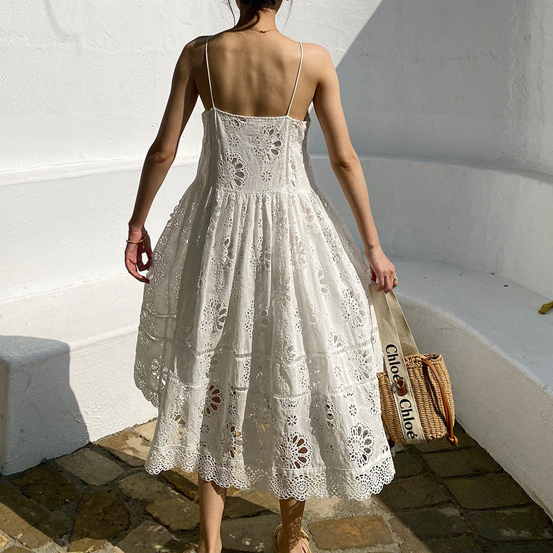 White Embroidered Suspender Maxi Beach Dress