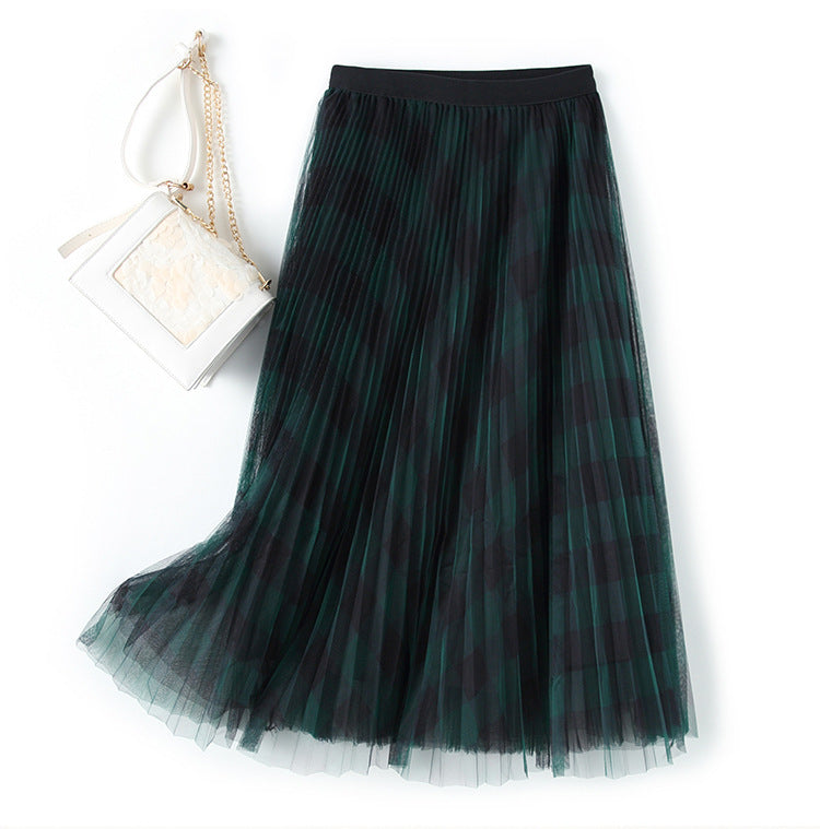 Spring High Waist Mid-length Pleated Skirt Mesh Skirt