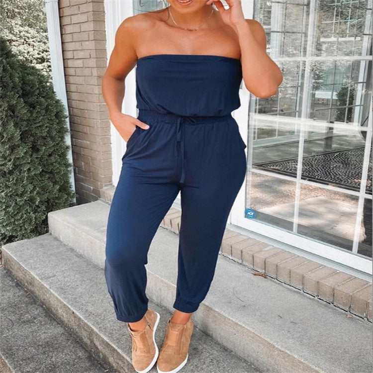 Women's Fashion Casual Off-neck Solid Color Jumpsuit