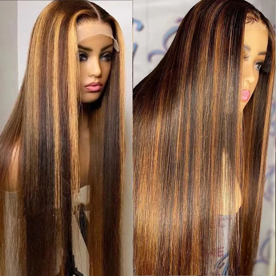 Long Straight Hair Brown Gradual Change Wig Cover High Temperature Silk Chemical Fiber