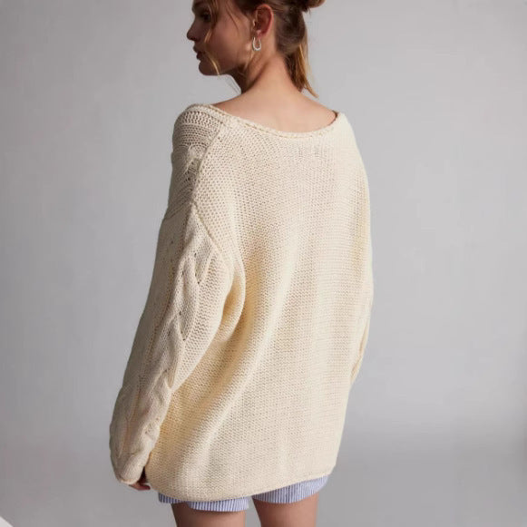 Women's Loose V-Neck Twist Design Knitted Pullover Sweater