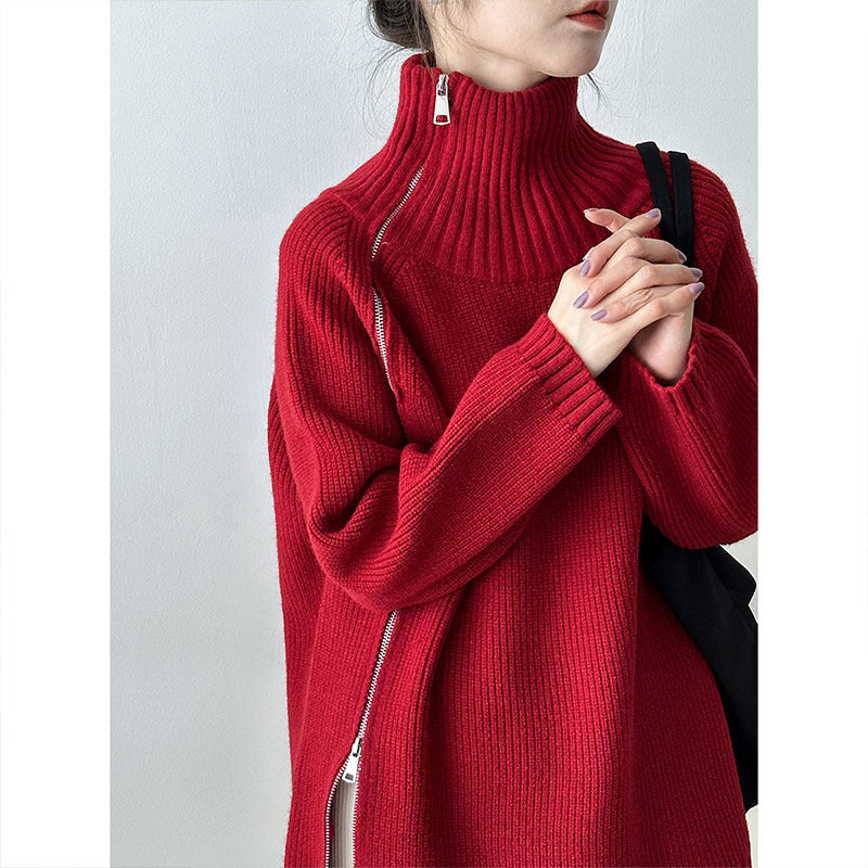 Women's Zip Turtleneck Sweater Fashionable Loose Sweater
