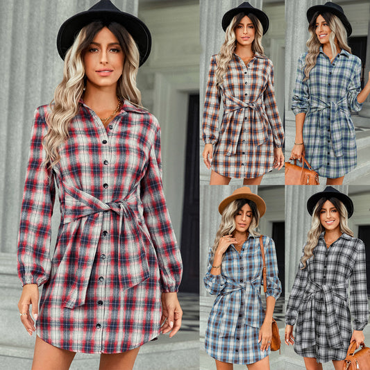 Women's Clothing Foreign Trade Fashion Plaid Drawstring Waist-tight Dress