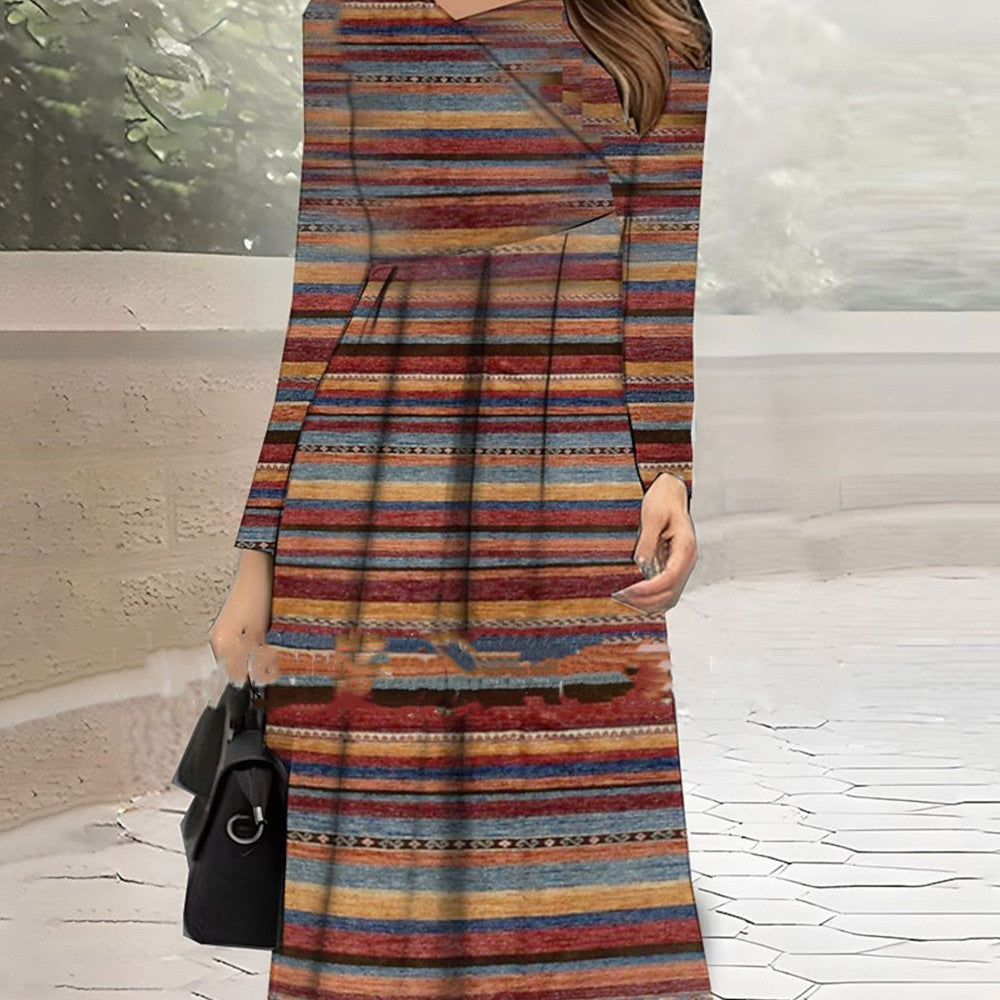 Women's Clothing Diagonal Collar Stitching Printing Diagonal Collar Long Dress