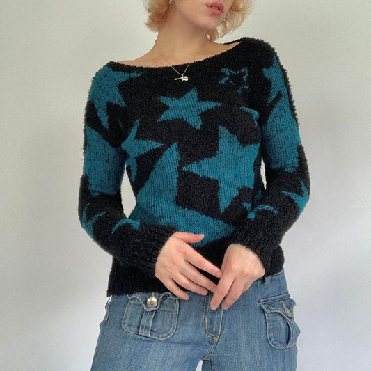 Women's Color Contrast Star Long-Sleeved Sweater