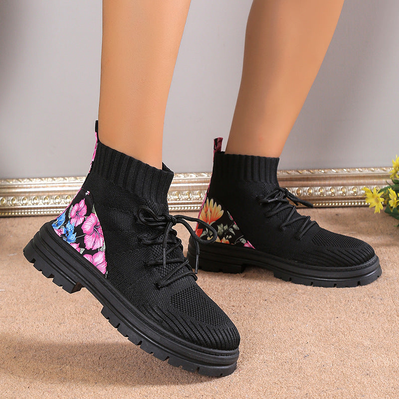 Stylish in Autumn and Winter with Flowers Print Knitted Mesh High