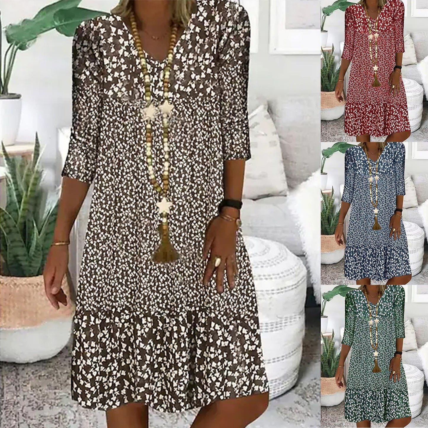 Floral Print Mid-length Sleeves V-neck Mid-length Dress