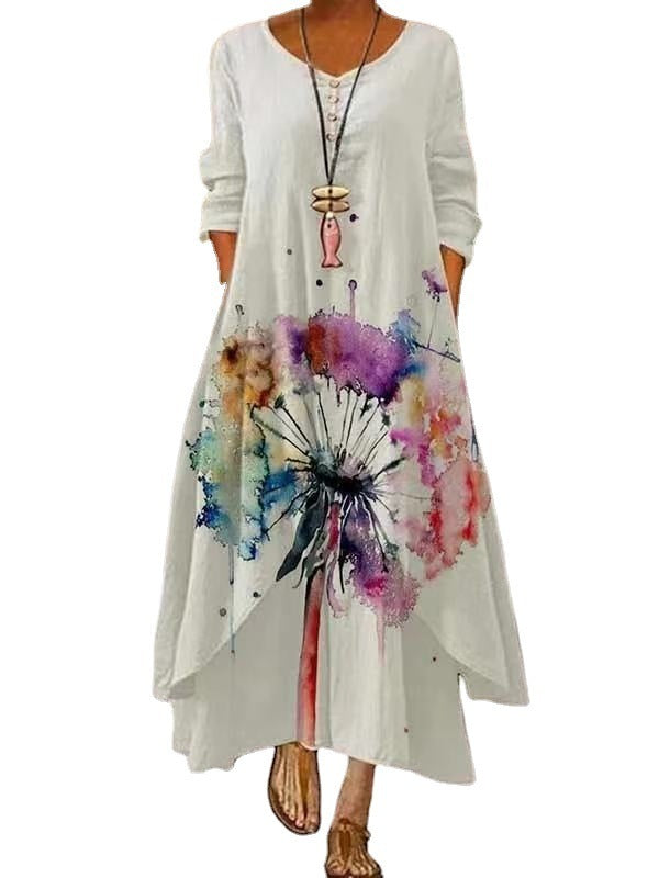 Popular Printed Long Sleeve Dress with Irregular Hem for Women