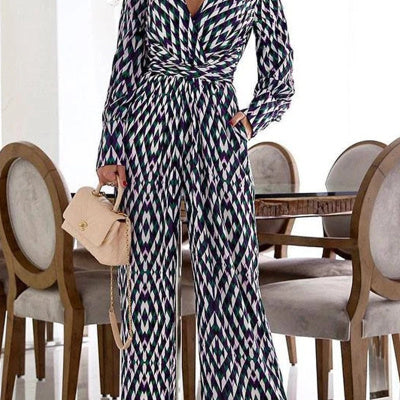 Women's Trendy Geometric Print Jumpsuit, V-Neck Slim-Fit with Long Sleeves and Trousers