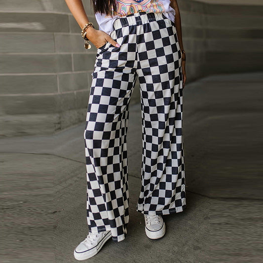 Spring New Casual All-Match Loose Wide-Leg Pants with Chessboard Plaid Print