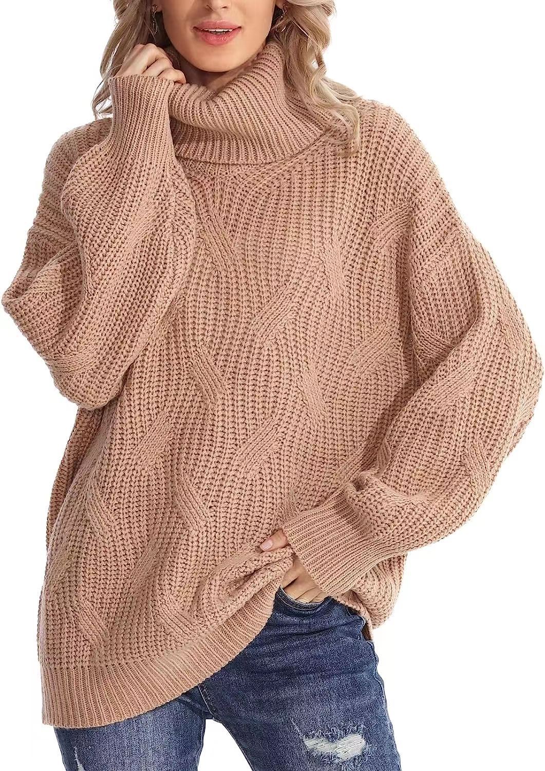 Women's Fashion Loose High Collar Twisted Knitted Sweater Pullover Long Sleeve