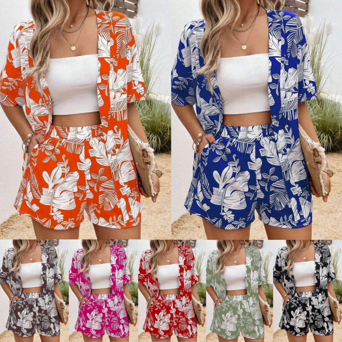 Printed 5-Point Sleeve Cardigan and Shorts Two-Piece Set – Stylish and Comfortable