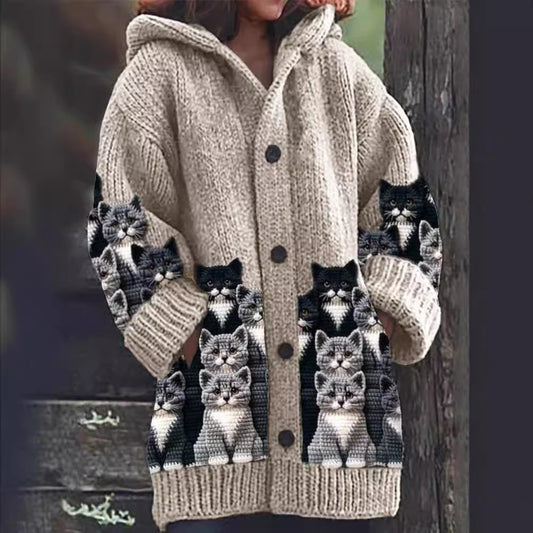 Casual Hooded Cape Coat with Halloween Animal Print