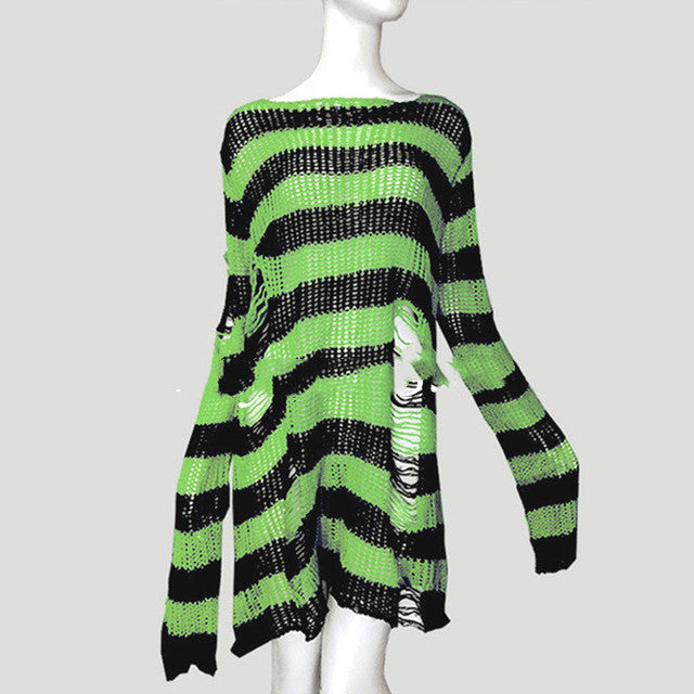 Womens Striped Loose Knitwear With Ripped Mid-length Sweater