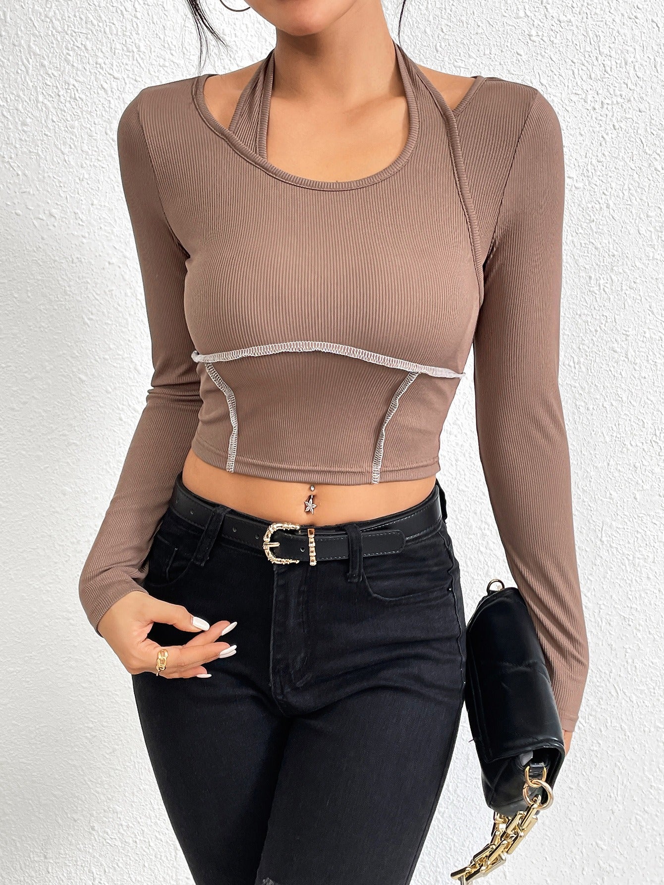 Slim fit knitted long sleeved sewing thread exposed hanging neck T-shirt fashion top