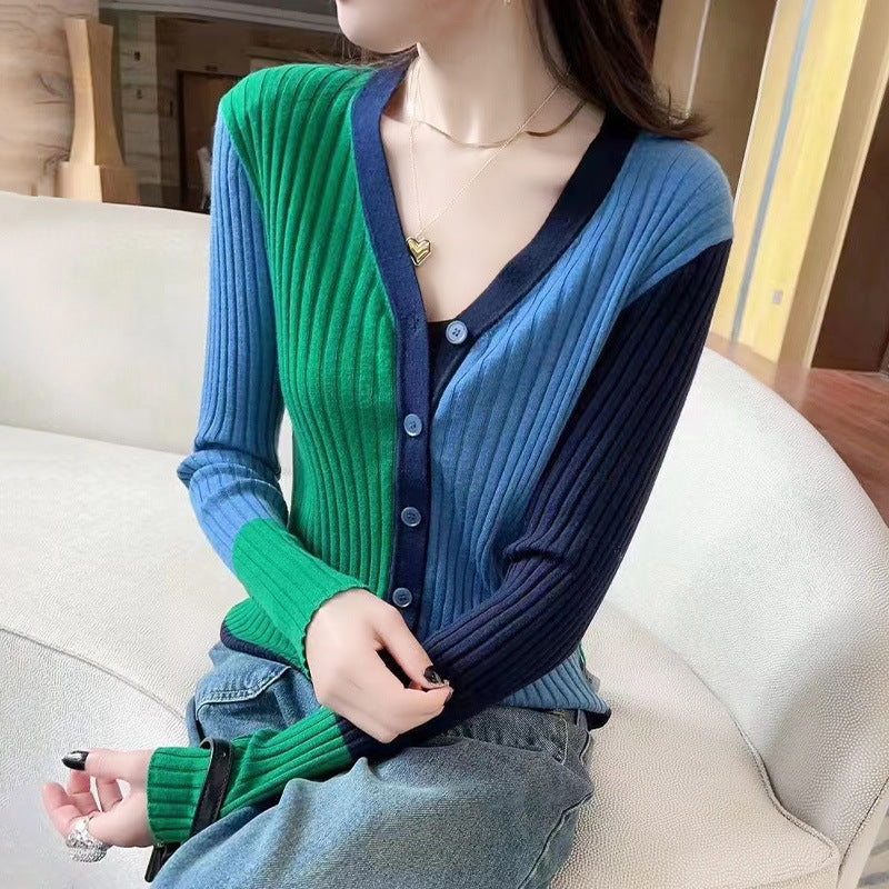 Trendy Multicolor V-Neck Knitted Cardigan for Women